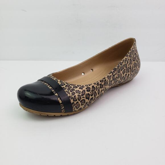 Crocs Womens Size 9 Brown Leopard Black Tie Slip On Comfort Ballet Flats Shoes - Picture 2 of 11